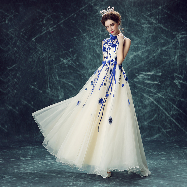 Blue And White Porcelain Flower Plants Applique Ankle-length Crepe